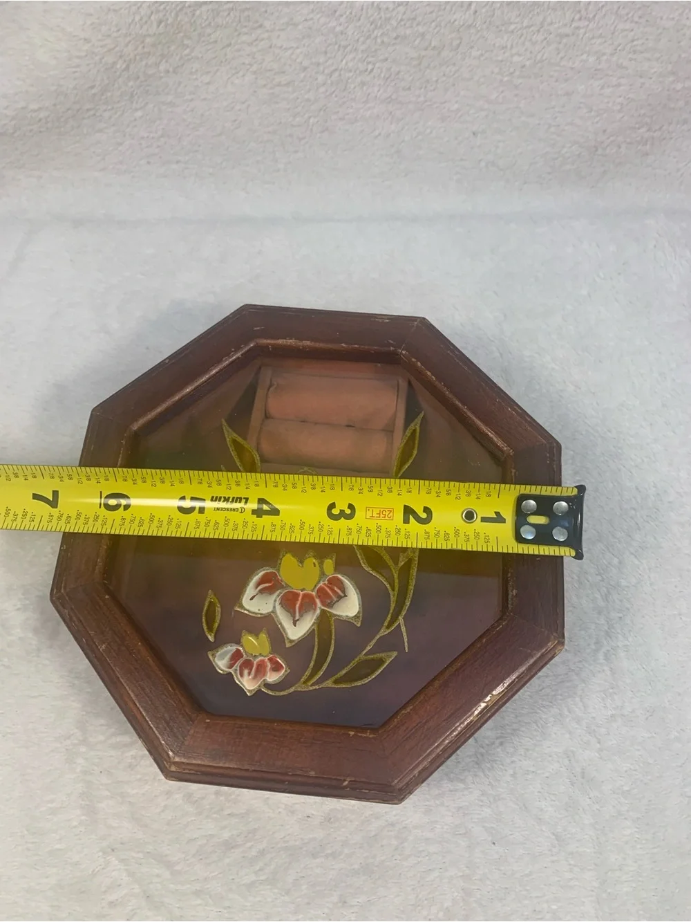 Cottagecore Grandma Octagonal Brown Floral Glass Jewelry Box - Velvet Inside